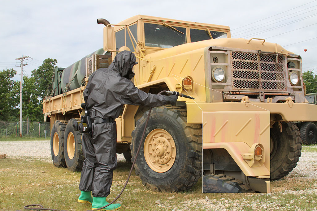FLIR Agent Disclosure Spray™ (ADS) quickly changes color on a surface if a Chemical Warfare Agent (CWA) is present