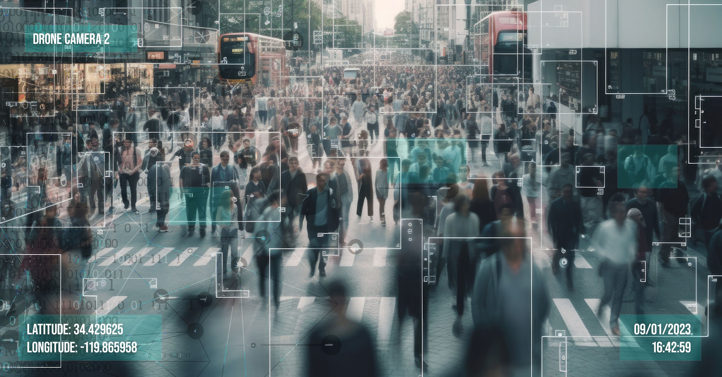 Large public crowd being scanned by a drone camera